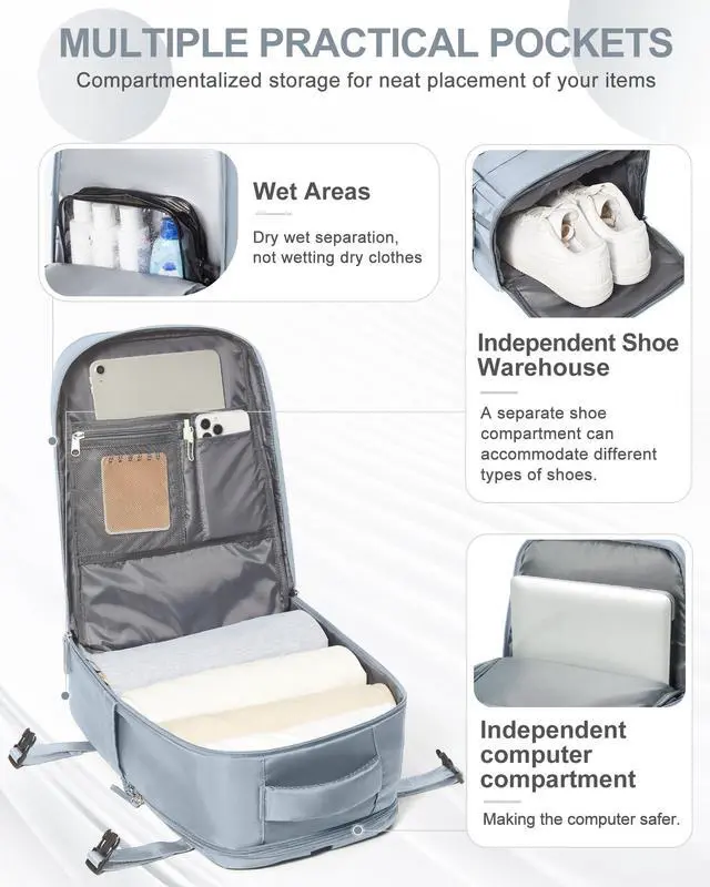 Alt view image 3 of 5 - coowoz Travel Backpack Carry On for Women Man Gym Backpack with Laptop Compartment Mochila de Viaje Teacher Personal Item Backpacks Rucksack Airplane Accessories Must Haves Grey Blue Small