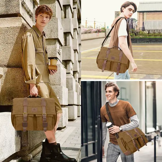 Alt view image 2 of 5 - densata Messenger Bag for Men,13-14 Inch Laptop Bag, Vintage Water-resistant Waxed Canvas Satchel Bags, Leather Briefcase for School Work Travel (Brown)