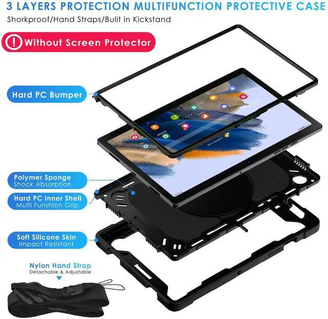 Alt view image 3 of 5 - DETUOSI Galaxy Tab A8 Case - Shockproof with 360 Stand & Strap, Heavy Duty for SM-X200/X205/X207, Black