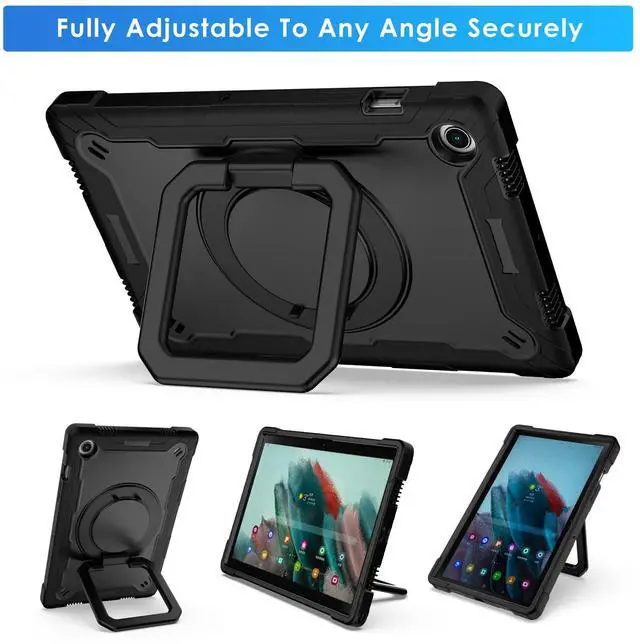 Alt view image 5 of 5 - DETUOSI Galaxy Tab A8 Case - Shockproof with 360 Stand & Strap, Heavy Duty for SM-X200/X205/X207, Black