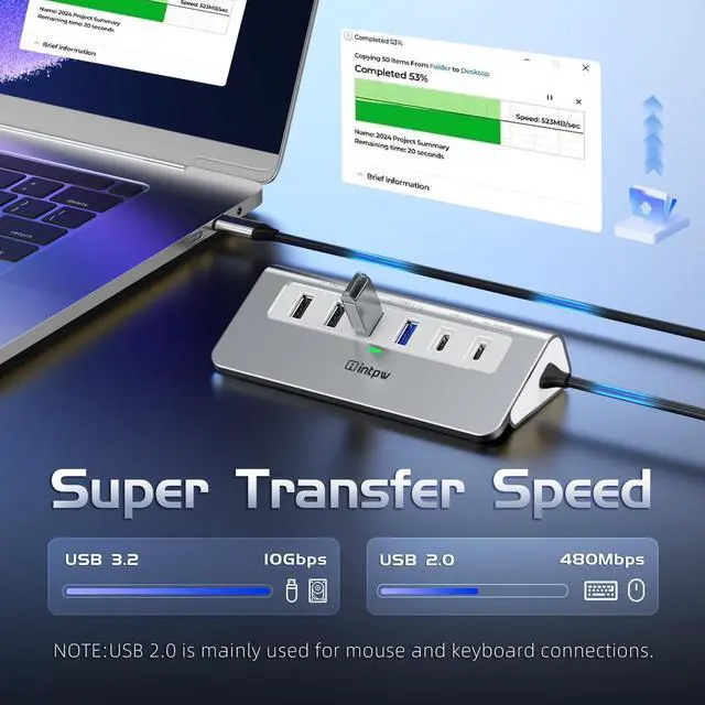 Alt view image 3 of 5 - intpw USB C Hub 10Gbps, 9-in-1 USB 3.2 Hub with 4K@60Hz HDMI, Type-C 3.2, 2 USB-A 3.2, 2 USB-A 2.0, PD 100W, SD/TF Slot, Aluminum USB Hub for Laptop, iPhone 16/15 Series, MacBook Air/Pro and More
