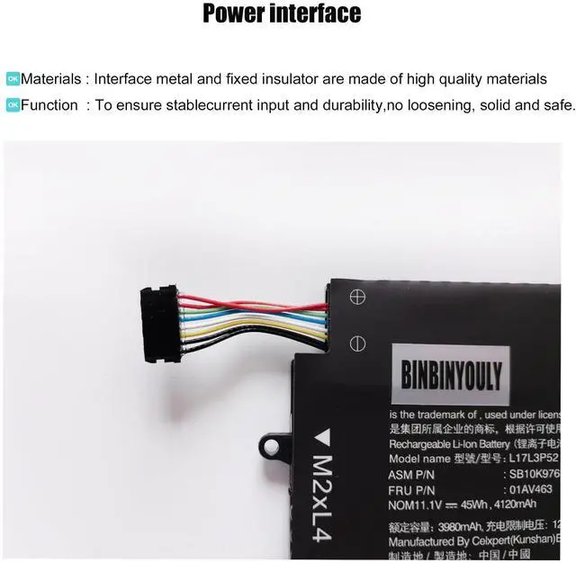 Alt view image 4 of 5 - L17L3P52 L17C3P52 L17M3P54 Battery Replacement for Lenovo ThinkPad L480 L490 L580 L590 L14 L15 L14 Gen 2 L15 Gen 2 Series SB10T83139 5B10W13896 SB10K97612 01AV465 L17M3P53 L17C3P52 11.1V 45Wh 4120mAh