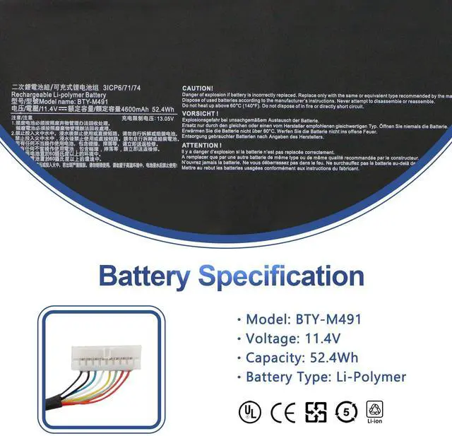 Alt view image 2 of 5 - BTY-M491 Laptop Battery for MSI Modern 15 A10M A10M-028DE A10M-029 A10RAS A10RAS-076FR A10RB A10RB-041TW A10RD A11M A11SB A4M A4MW Summit B15 A11M Stealth 15M 11.4V 52.4WhWhite Connector 8 Wires