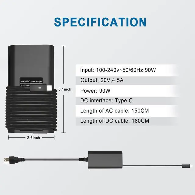 Alt view image 2 of 5 - 90W 65W USB C Laptop Charger AC Adapter for Dell XPS 13 15 17 Latitude 3400 3500 5289 5300 Latitude 7420 7320 7390 2in1 Precision 3540 3470 Type C Charger Power Cord