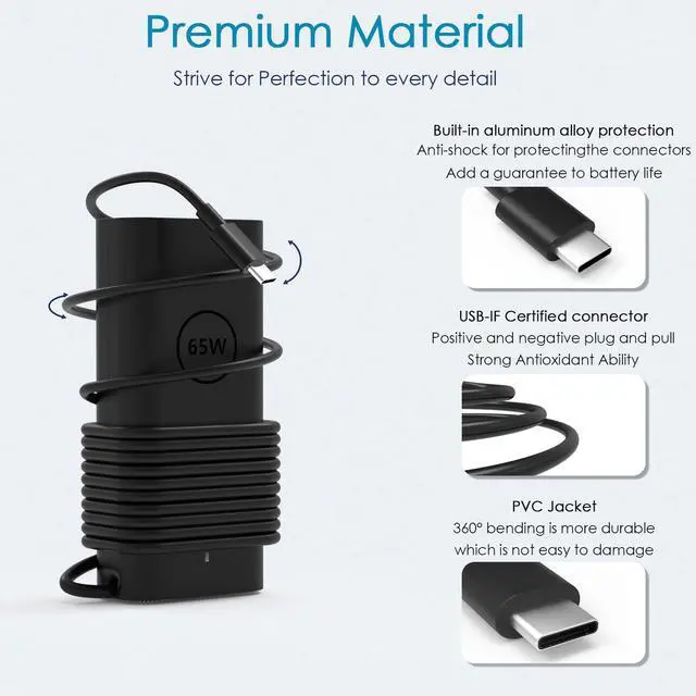 Alt view image 3 of 5 - 65W Copilot+ AI PC Charger Replacement for Dell 2025 XPS 13 14 9345 9350 9345 9440 Copilot+ AI PC Laptop,Compatible with Dell 65W USB-C Laptop Charger Power Adapter Cord