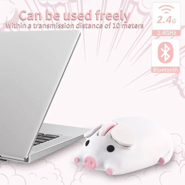 Alt view image 2 of 5 - Dtobhars Bluetooth Mouse, 2.4G Mice Cute Cartoon Pig Dual Mode (Bluetooth or 2.4 GHz Receiver) Computer Mouse 1200DPI Silent Clisks for Laptop/Notebook/iPad/PC/Mac/Chromebook Office Home(White)