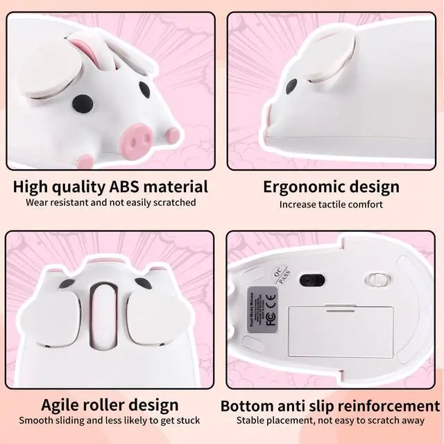 Alt view image 3 of 5 - Dtobhars Bluetooth Mouse, 2.4G Mice Cute Cartoon Pig Dual Mode (Bluetooth or 2.4 GHz Receiver) Computer Mouse 1200DPI Silent Clisks for Laptop/Notebook/iPad/PC/Mac/Chromebook Office Home(White)