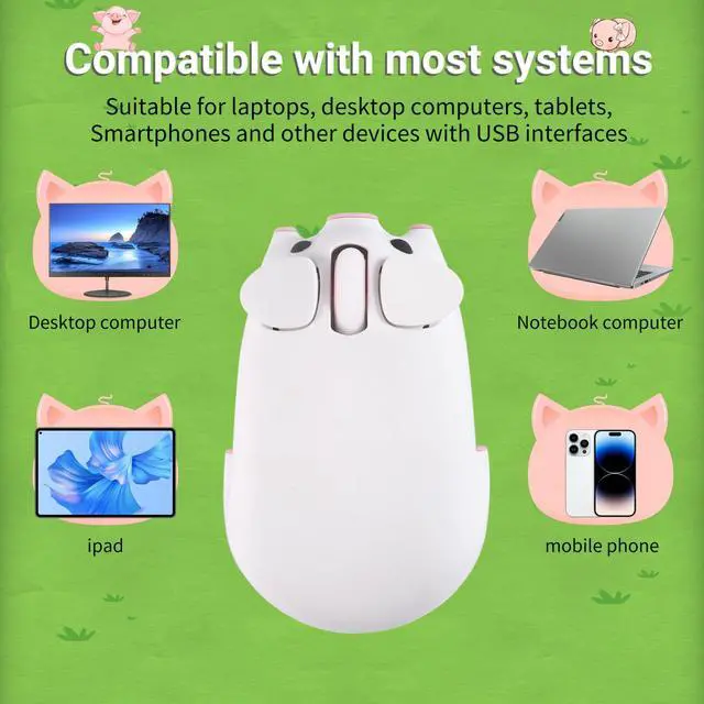 Alt view image 4 of 5 - Dtobhars Bluetooth Mouse, 2.4G Mice Cute Cartoon Pig Dual Mode (Bluetooth or 2.4 GHz Receiver) Computer Mouse 1200DPI Silent Clisks for Laptop/Notebook/iPad/PC/Mac/Chromebook Office Home(White)