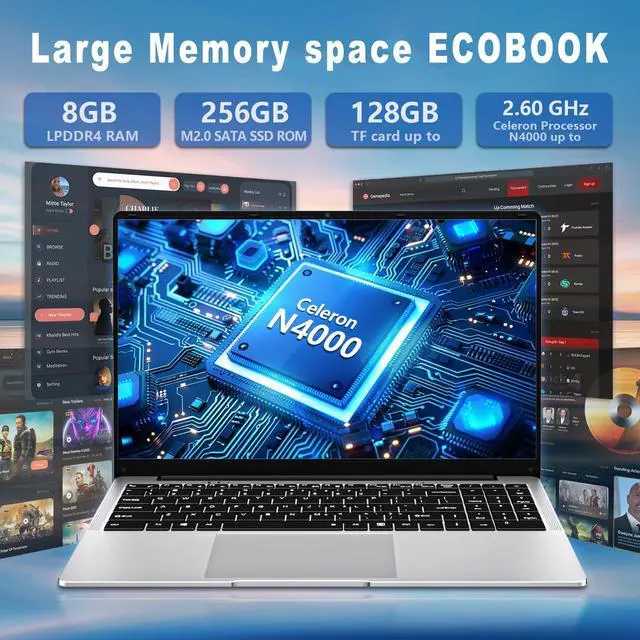 Alt view image 5 of 5 - DUNHOO 15.6 inch Laptop, 8gb RAM Gaming Laptop with 256GB SSD, Traditional Laptops N4000, Netbook Computers Full HD 1920X1080 Display WiFi5 Mini-HDMI 180 Angle Opening laptops for Student Business