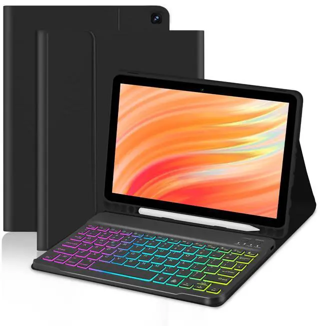 Main image of EAMPANG Tablet Case with Keyboard for Amazon Kindle Fire HD 10&10 Plus 11/13th Gen 10.1 inch,7 Color Rainbow Backlit Detachable Keyboard Magnetic Cover with Pen Slot HD 10 2021&2023 Black+Black