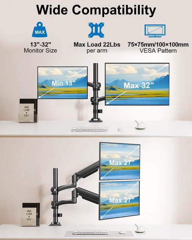 Alt view image 2 of 5 - Dual Monitor Stand for Computer Screen up to 32", Taller Monitor Arms Holds 22 lbs Each, Dual Monitor Desk Mount, Height Adjustable Gas Spring VESA Mount with C-clamp Grommet Mounting, Black, Freelift