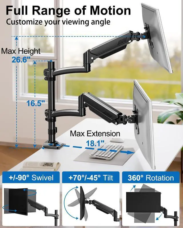 Alt view image 3 of 5 - Dual Monitor Stand for Computer Screen up to 32", Taller Monitor Arms Holds 22 lbs Each, Dual Monitor Desk Mount, Height Adjustable Gas Spring VESA Mount with C-clamp Grommet Mounting, Black, Freelift
