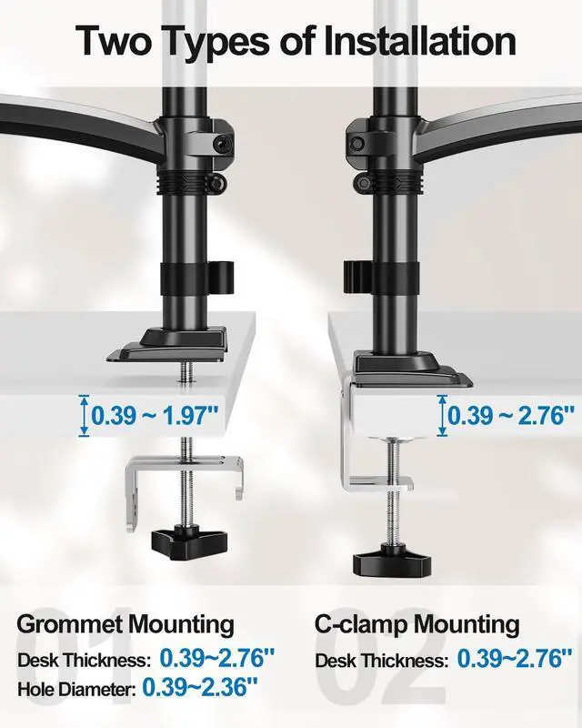 Alt view image 5 of 5 - Dual Monitor Stand for Computer Screen up to 32", Taller Monitor Arms Holds 22 lbs Each, Dual Monitor Desk Mount, Height Adjustable Gas Spring VESA Mount with C-clamp Grommet Mounting, Black, Freelift