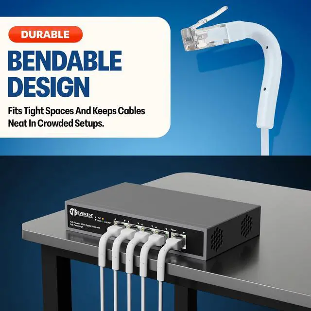 Alt view image 2 of 5 - Everest Ultra Slim Cat6a Ethernet Patch Cables 0.5ft (24-Pack) White - 6 Inch 10GB Cat 6a Patch Cable - Bendable, Flexible & Thin Ethernet Cable - 32AWG 550MHZ Cat6a Cables - 100% Copper Wires