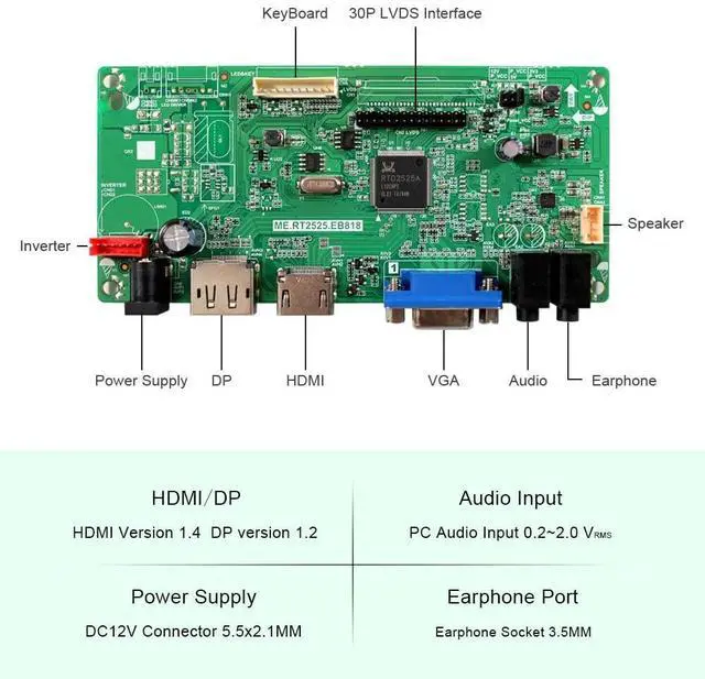 Alt view image 3 of 4 - FanyiTek VGA DP LVDs Controller Board for 15.6" 17.3" 1920x1080 40pin B156HW02 LP156WF1 N156HGE-L11 LP173WF1 B173HW01 N173HGE-L21 LCD Screen