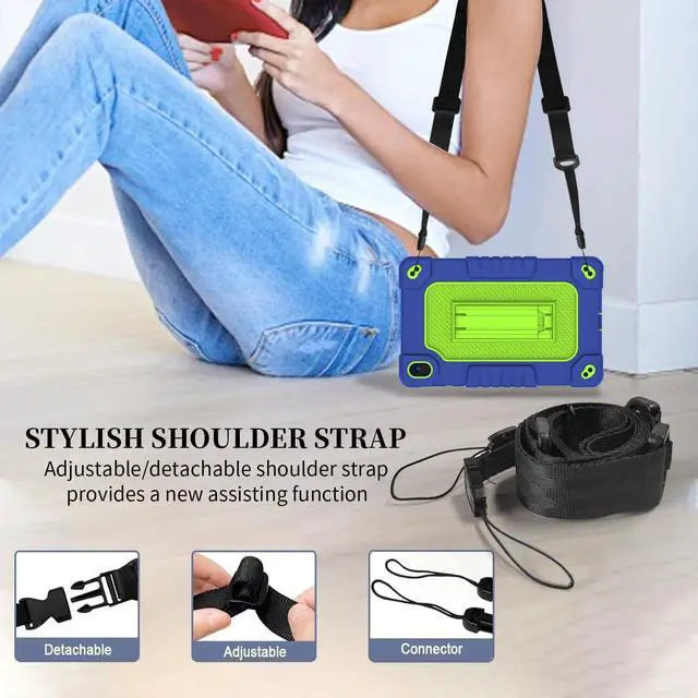 Alt view image 4 of 5 - FIEWESEY for Walmart Onn 8 inch Gen 4 2024 Model Tablet Case with 2 Pcs Screen Protector,Heavy Duty Kids Shockproof Stand Shoulder Strap Case for Walmart Onn 8 2024 Model:100135923 (Navy/Green)