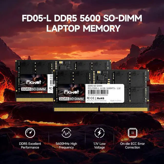 Alt view image 2 of 5 - Fikwot DDR5 RAM 24GB 5600MHz CL40 1.1V SODIMM 262 Pin Intel AMD Compatible Laptop Memory for Gaming and Professional Use