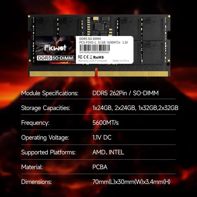 Alt view image 5 of 5 - Fikwot DDR5 RAM 24GB 5600MHz CL40 1.1V SODIMM 262 Pin Intel AMD Compatible Laptop Memory for Gaming and Professional Use