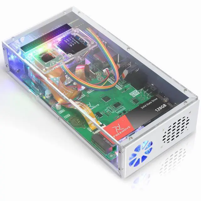 Main image of Freenove PC Case Kit for Raspberry Pi 5 with Cooling Fan,128GB M.2 NVMe SSD 800 MB/s, 5 MP Camera, 0.96 Inch OLED Screen, Built-in Stereo Speakers, 3.5 mm and Optical Audio (S/PDIF)