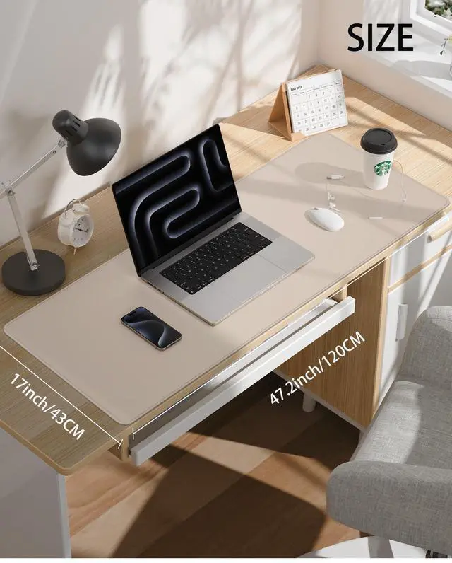 Alt view image 2 of 5 - LargeDesk Mat, Leather Desk Pad Protector, Large Mouse pad, Office Desk mat,Waterproof Non-Slip PU Leather Desk Blotter,Desk Accessories for Home/Decor(Beige, 47" x 17")