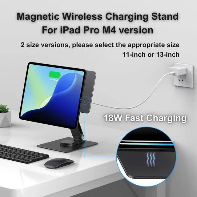 Alt view image 2 of 5 - GEWOKLIY Magnetic iPad Stand with Wireless Charging 18W, 360° Rotating Aluminum Tablet Holder for iPad Pro M4 11-inch, Adjustable Desk Mount Series (M4-11inch)