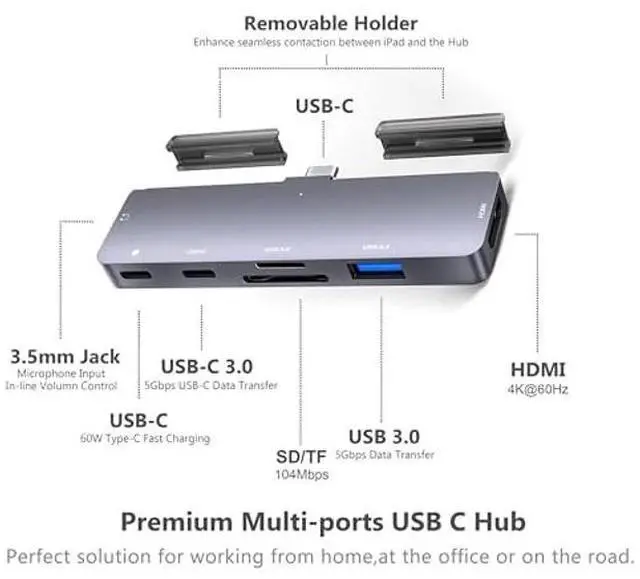 Alt view image 2 of 5 - iPad Pro USB C Hub Adapter for iPad Pro 2024 M4 M2 M1,7-in-1 Hub with 4K@60Hz HDMI,3.5mm Jack,USB3.0,PD 60W,SD/TF Card Slot,iPad Air 4/5,iPad mini 6,iPad Accessories (701E)