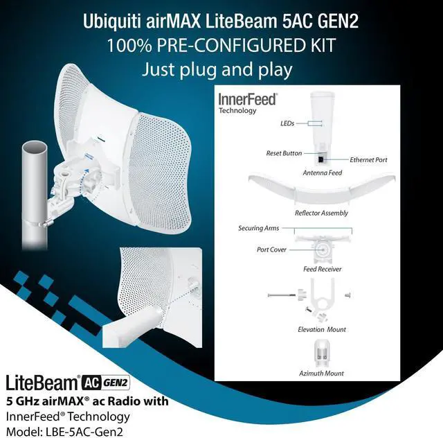 Alt view image 3 of 5 - Wireless Bridge LBE-5AC-GEN2 PRE-CONFIGURED Bundle of 2 Ubiquiti LiteBeam 5AC GEN2, 2 Units Kit 100% Configured as Outdoor Point-to-Point Wi-Fi Bridge, Access Point, 450+ Mbps Speed, 15+ km Range,.