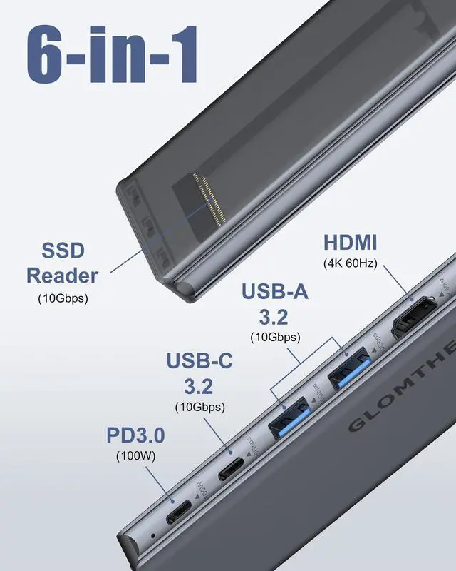 Alt view image 2 of 5 - Glomtheia USB C Hub for MacBook Air/Pro Mac mini Laptop, Multiport Adapter Dongle Dock Docking Station with M.2 NVMe SSD Enclosure, 4K60Hz HDMI, USB 3.2 Gen 2, 100W Pass-Through Charging