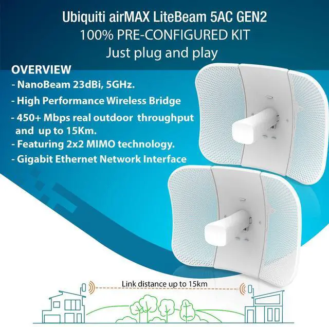 Alt view image 5 of 5 - Wireless Bridge LBE-5AC-GEN2 PRE-CONFIGURED Bundle of 2 Ubiquiti LiteBeam 5AC GEN2, 2 Units Kit 100% Configured as Outdoor Point-to-Point Wi-Fi Bridge, Access Point, 450+ Mbps Speed, 15+ km Range,.