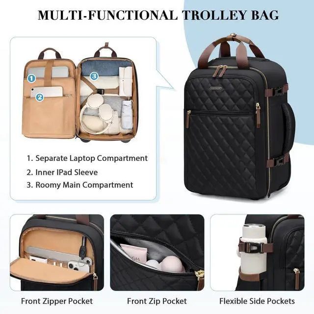 Alt view image 3 of 5 - GOLF QUALITY Rolling Backpack for Women,Travel Laptop Backpack with Wheels Roller Personal Item Backpack Wheeled Underseat Carry On Luggage,Fit 17Inch,Black