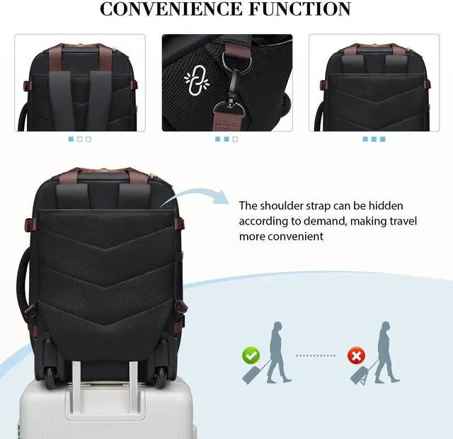 Alt view image 4 of 5 - GOLF QUALITY Rolling Backpack for Women,Travel Laptop Backpack with Wheels Roller Personal Item Backpack Wheeled Underseat Carry On Luggage,Fit 17Inch,Black