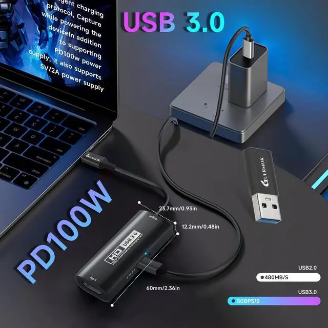 Alt view image 3 of 5 - Guermok USB3.0 Video Capture Card with PD 100W, 1080P@60FPS HDMI to USB-A/C Capture Card with Type C Adapter, Streaming Devices for Oculus/Quest 3/ iPad/MacOS/Switch/ PS4 5, Black