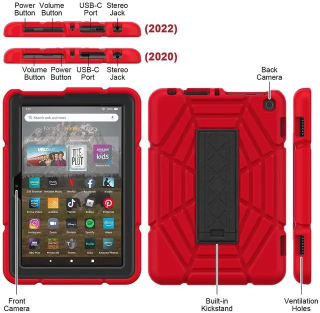 Alt view image 4 of 5 - Grifobes Case [Only for 14th/12th/10th Generation 2024/2022/2020 Released] 8/8 Plus, 8 Kids / 8 Kids Pro Tablet, 3-in-1 Heavy Duty Protective Cover with Stand for Boys Children (Red+Black+Black)