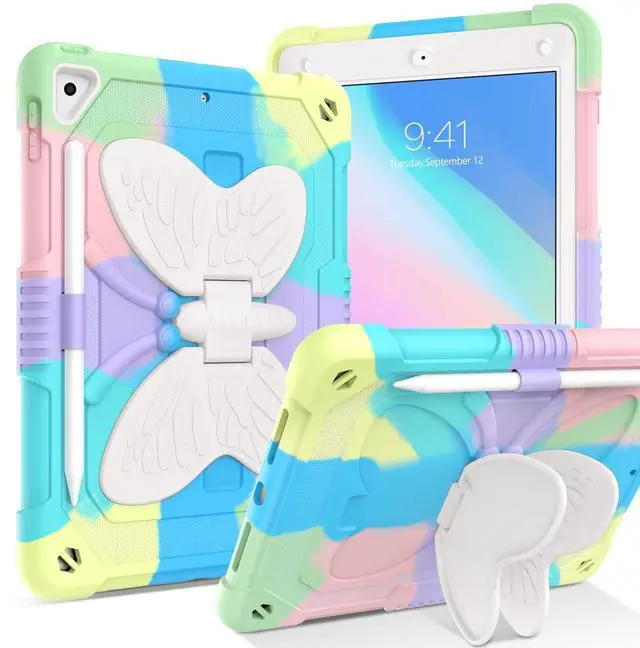 Main image of GUAGUA Compatible for iPad Air 2, 6th/5th Generation, Pro 9.7 Case for Kids - 2 in 1 Rugged Shockproof Anti-Scratch With Kickstand, Pen Holder - Colorful Green