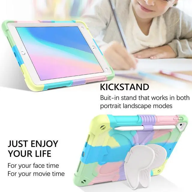 Alt view image 3 of 5 - GUAGUA Compatible for iPad Air 2, 6th/5th Generation, Pro 9.7 Case for Kids - 2 in 1 Rugged Shockproof Anti-Scratch With Kickstand, Pen Holder - Colorful Green