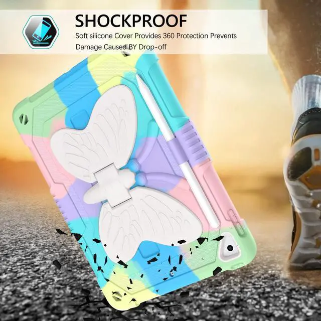 Alt view image 4 of 5 - GUAGUA Compatible for iPad Air 2, 6th/5th Generation, Pro 9.7 Case for Kids - 2 in 1 Rugged Shockproof Anti-Scratch With Kickstand, Pen Holder - Colorful Green