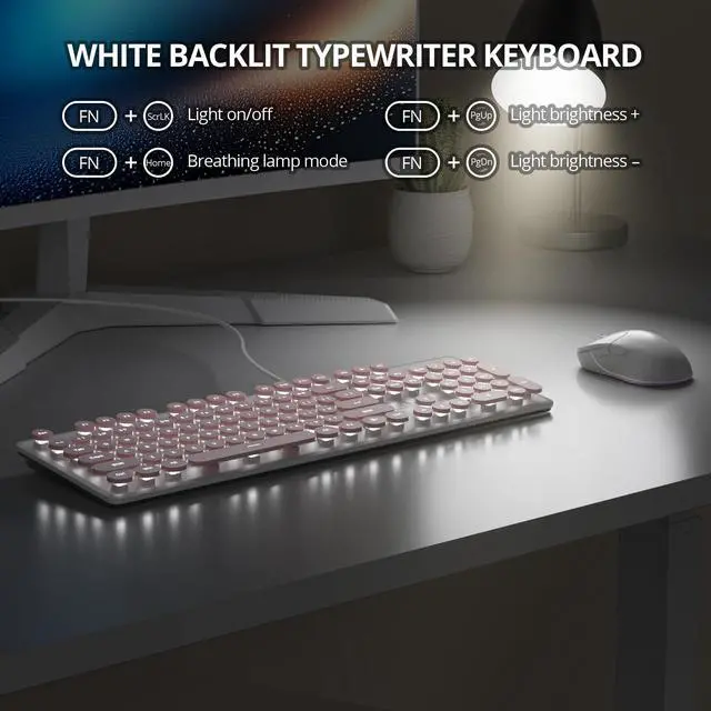 Alt view image 2 of 5 - surmen Cute Quiet Keyboard Pink Wired Typewriter Keyboard, Light Up Backlit PC Keyboards with Retro Round Keys Full Size 104 Keys for Office Computer (Pink)