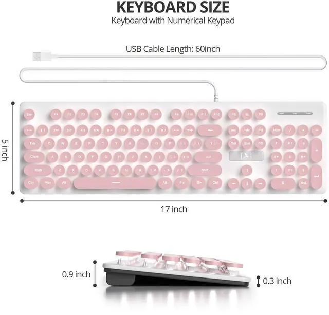 Alt view image 4 of 5 - surmen Cute Quiet Keyboard Pink Wired Typewriter Keyboard, Light Up Backlit PC Keyboards with Retro Round Keys Full Size 104 Keys for Office Computer (Pink)