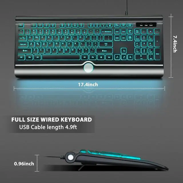 Alt view image 2 of 5 - HeengYanson Backlit Computer Keyboards, Wired Light Up Keyboards with 7-Color Backlit, Wrist Rest, Illuminated Keyboard Easy to See and Type, Corded Full-Size Keyboard for Windows Desktop, Laptop, PC