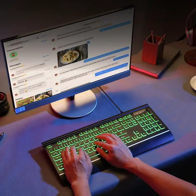 Alt view image 4 of 5 - HeengYanson Backlit Computer Keyboards, Wired Light Up Keyboards with 7-Color Backlit, Wrist Rest, Illuminated Keyboard Easy to See and Type, Corded Full-Size Keyboard for Windows Desktop, Laptop, PC