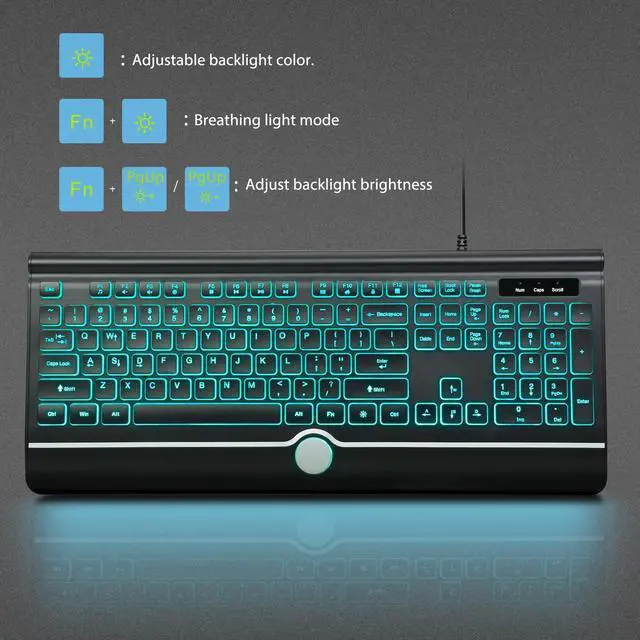 Alt view image 5 of 5 - HeengYanson Backlit Computer Keyboards, Wired Light Up Keyboards with 7-Color Backlit, Wrist Rest, Illuminated Keyboard Easy to See and Type, Corded Full-Size Keyboard for Windows Desktop, Laptop, PC