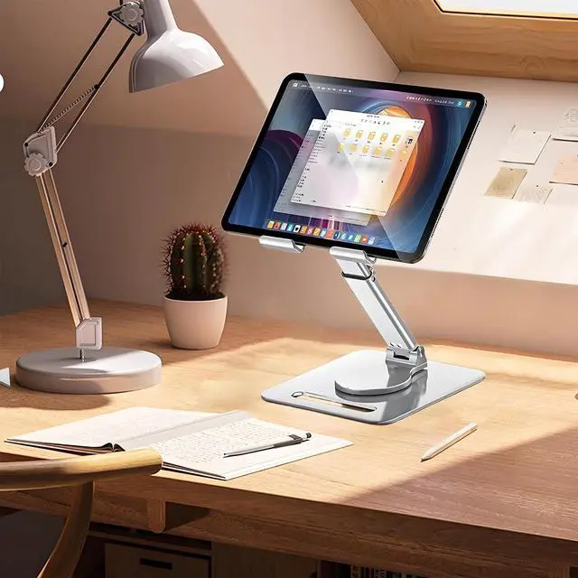 Alt view image 3 of 5 - GuaziV 360deg Rotating Tablet Stand - Adjustable iPad Tablet Holder for Desk, Foldable iPad Swivel Stand for Home & Office (Polished Silver)