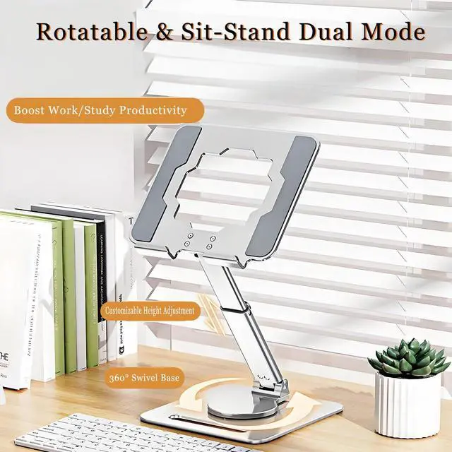 Alt view image 5 of 5 - GuaziV 360deg Rotating Tablet Stand - Adjustable iPad Tablet Holder for Desk, Foldable iPad Swivel Stand for Home & Office (Polished Silver)