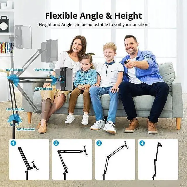 Alt view image 3 of 5 - Hold Up Tablet Floor Stand, Adjustable Height Free Angle Extension Scissor Arm, Holder Fits 4.7-12.9 inch iPad Pro Air iPhone Tablet/Phones