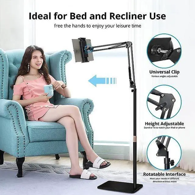 Alt view image 4 of 5 - Hold Up Tablet Floor Stand, Adjustable Height Free Angle Extension Scissor Arm, Holder Fits 4.7-12.9 inch iPad Pro Air iPhone Tablet/Phones