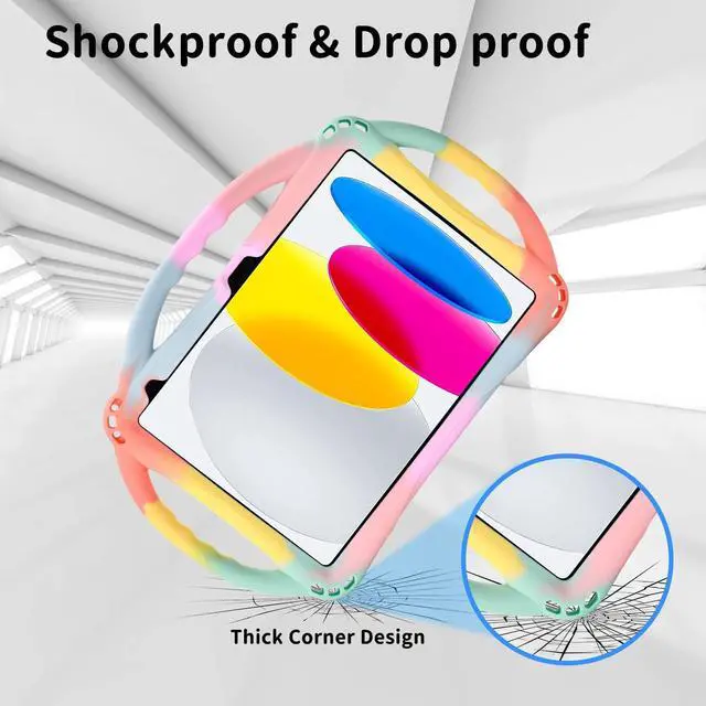 Alt view image 3 of 5 - Rhswets iPad 10th Gen Kids Case 2022 with Tempered Glass Screen Protector, Silicone Shockproof Case for iPad 10.9 inch (Rainbow)