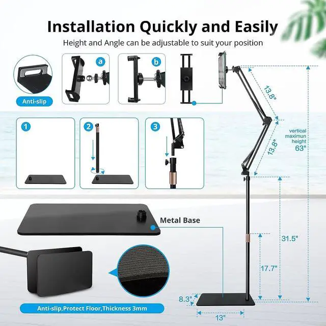 Alt view image 5 of 5 - Hold Up Tablet Floor Stand, Adjustable Height Free Angle Extension Scissor Arm, Holder Fits 4.7-12.9 inch iPad Pro Air iPhone Tablet/Phones