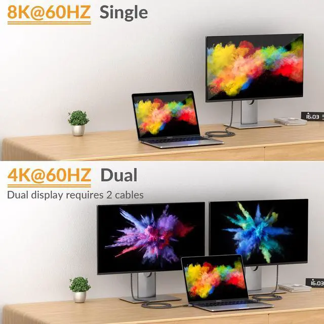 Alt view image 3 of 5 - For Thunderbolt 4 Cable [USB-IF Certification] iDsonix 2 in 1 Thick Braided Cable 1.65Ft with 40Gbps Data Transfer, 8K@60Hz/Dual 4K Display, PD100W Charging for MacBook, iPad, Phone, Dock, Laptop, SSD