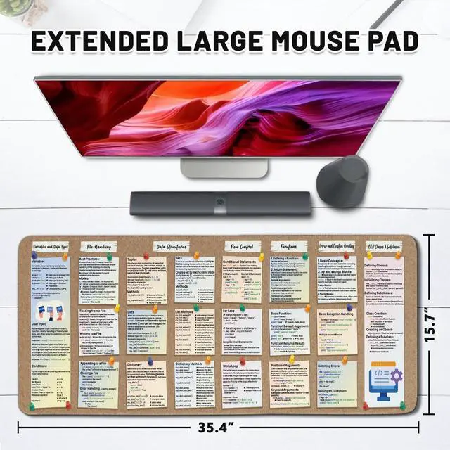 Alt view image 2 of 5 - Python Programming Reference Mouse Pad, XXL Extended Gaming Mousepad, 15.7 x 35.4 inches, Code Guide Cheat Sheet Design