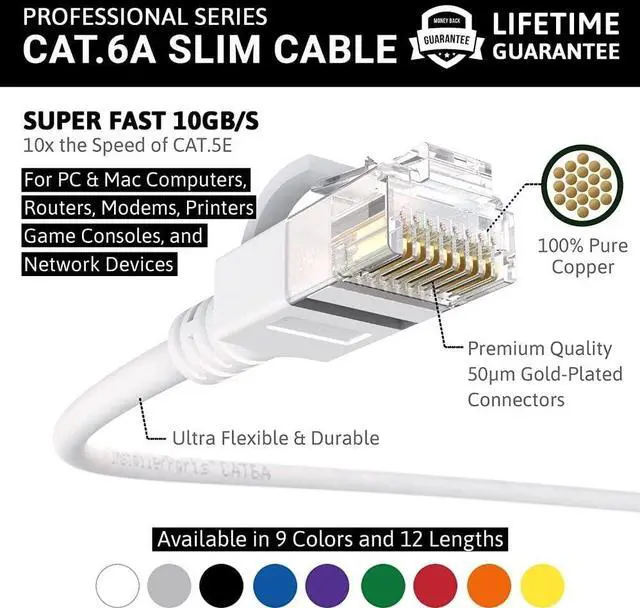 Alt view image 2 of 5 - InstallerParts Ethernet Cable CAT6A Slim Cable UTP Booted 2 FT (10 Pack) - White - Professional Series - 10Gigabit/Sec Network/High Speed Internet Cable, 550MHZ, 28AWG